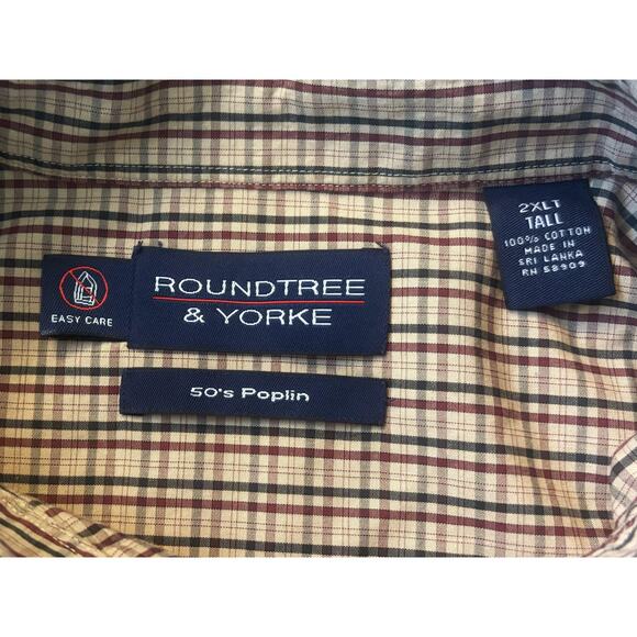 Roundtree & Yorke Tan 50s Poplin Check Button-Down Mens Size 2XLT - Picture 3 of 6